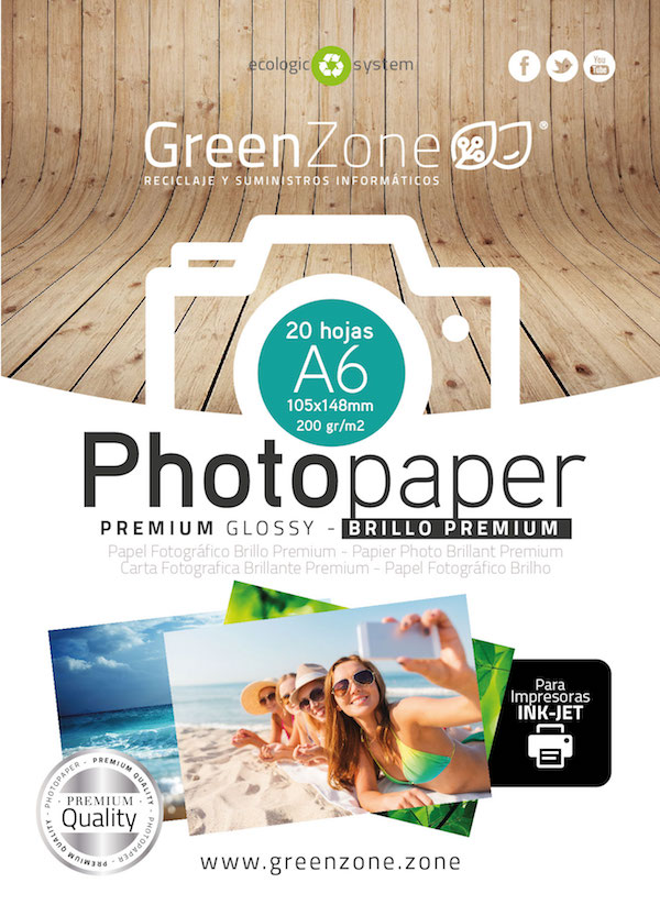 Papel fotográfico Green Zone A6 (105x148 mm.) 200 grs. 20 hojas, Brillante