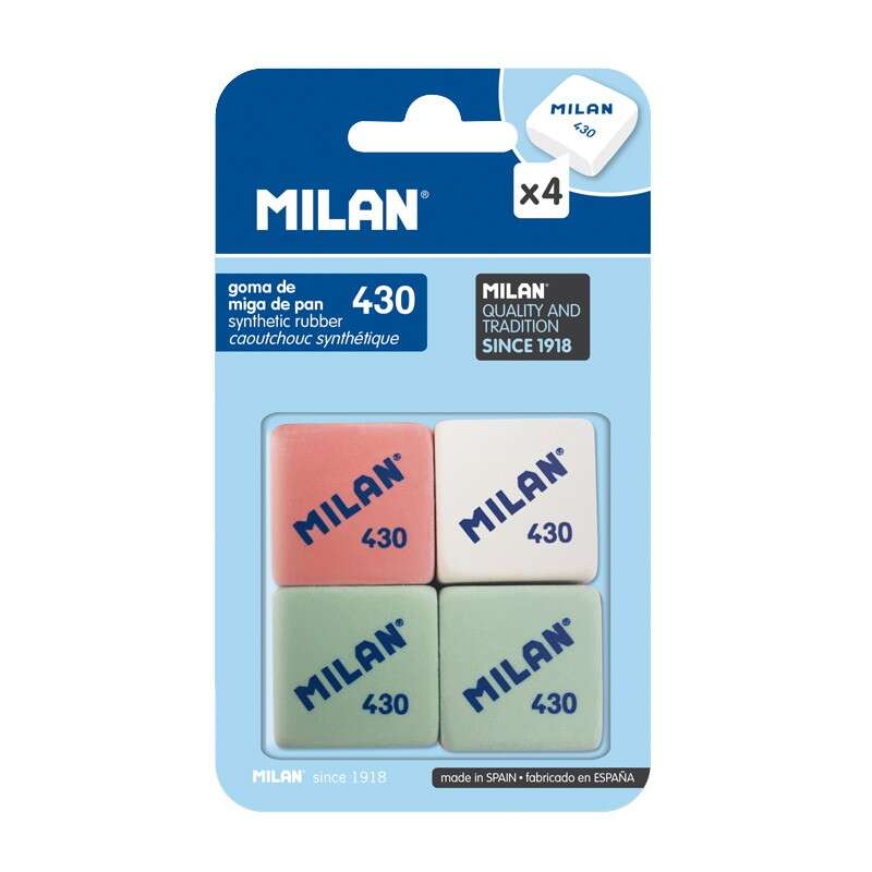 Milan 430 Pack de 4 Gomas de Borrar Cuadradas - Miga de Pan - Suave Caucho Sintetico - Colores Surtidos 