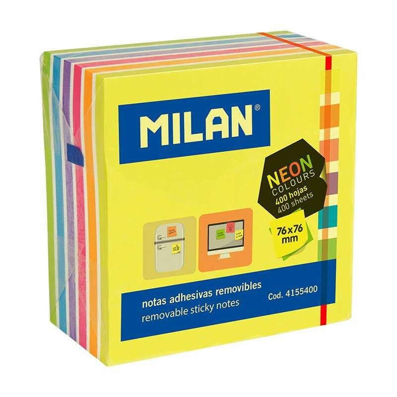 Milan Bloc de 400 Notas Adhesivas Neon - Removibles - 76mm x 76mm - Colores Surtidos 