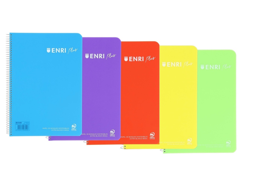 Enri Plus Cuaderno Espiral Formato Cuarto Cuadriculado 4x4mm - 80 Hojas 90gr con Margen - Cubierta de Plastico - 5 und. (Varios colores)